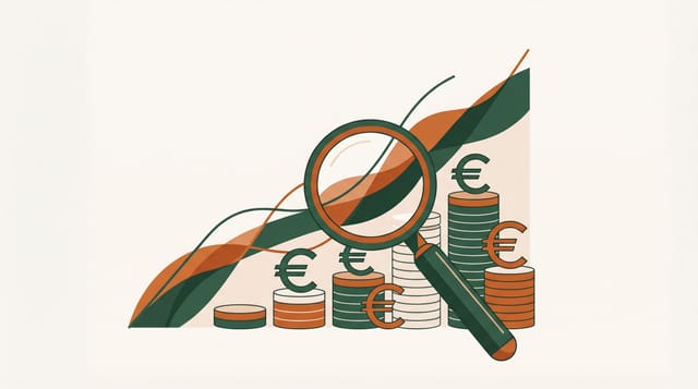 Illustration einer aufsteigenden Wachstumskurve mit Lupe und Euro-Münzstapeln in Forest-Grün und Terracotta