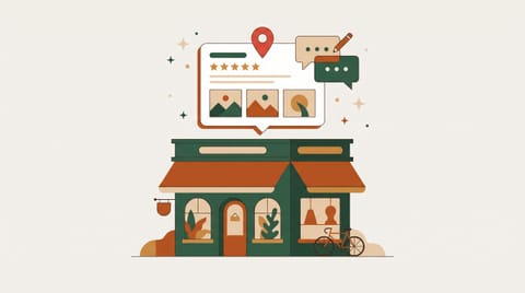 Illustration eines Ladenlokals mit schwebendem Location-Pin und Sterne-Rating
