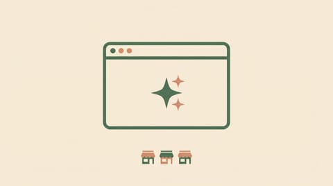 Illustration: Smartphone mit KI-Suchinterface auf einem Schreibtisch, umgeben von Icons lokaler Betriebe