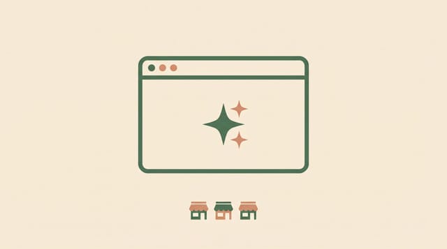 Illustration: Smartphone mit KI-Suchinterface auf einem Schreibtisch, umgeben von Icons lokaler Betriebe