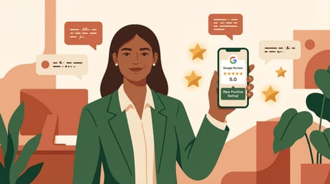 Illustration: Unternehmer reagiert ruhig und professionell auf eine Google-Bewertung am Smartphone